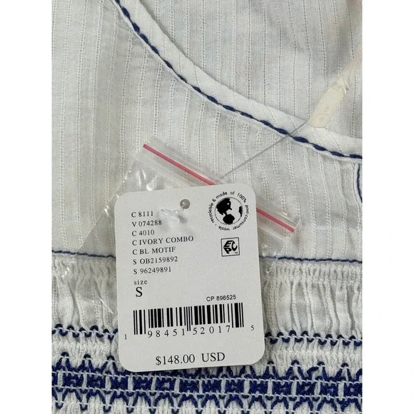 Free People White Embroidered Tunic Top 3/4 Sleeve Bohemian Smocked Cotton S